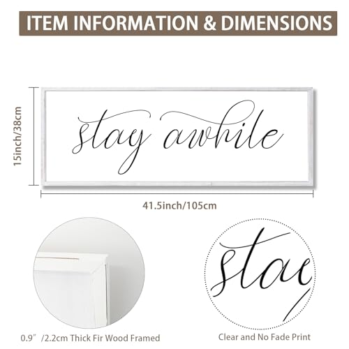 Rutiyoka Stay Awhile Sign Framed Farmhouse Dining Room Wall Decor Large 42"×15" Wood Kitchen Wall Art White - color: stay awhile (white frame)