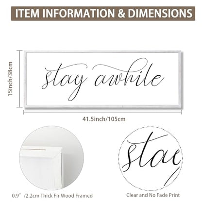 Rutiyoka Stay Awhile Sign Framed Farmhouse Dining Room Wall Decor Large 42"×15" Wood Kitchen Wall Art White - color: stay awhile (white frame)