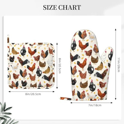 Rooster Hen Oven Mitts and Pot Holders Sets Silicone Rustic Domestic Animal Chicken Kitchen Mitts Potholders Heat Resistant 4Pcs Oven Gloves Hot Pads for Kitchen Baking Cooking BBQ Grilling - color: Rooster Hen