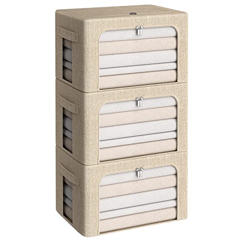 CYhom 3Pack Foldable Storage Bins - Frame Storage Box Linen Fabric Stackable Clothes Container Organizer with Clear Window & Carry Handles Large Capacity (Medium-36L, Beige) - color: Beige, size: Medium-36L