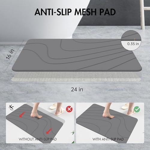 2 Pack Stone Bath Mat for Bathroom|Diatomaceous Earth Bath Mat|Quick Dry Water Absorbing Bath Stone Mat Large|Non-Slip Bathroom Shower Rug|Easy to Clean (24×16'', Dark Gray, Square)