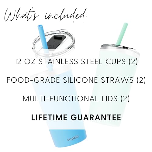 CUPKIN Reusable Cups with Lids, The Original Stackable 12 oz Stainless Steel Tumbler with Lid, Set of 2 Powder Coated Insulated Kids Tumblers, BPA Free Lids & Reusable Silicone Straws (Blue + Green) - color: Blue + Green, size: 12 Fl Oz (Pack of 2)