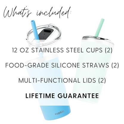 CUPKIN Reusable Cups with Lids, The Original Stackable 12 oz Stainless Steel Tumbler with Lid, Set of 2 Powder Coated Insulated Kids Tumblers, BPA Free Lids & Reusable Silicone Straws (Blue + Green) - color: Blue + Green, size: 12 Fl Oz (Pack of 2)