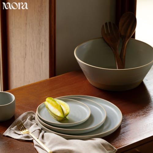 Mora Giant Salad Bowl Set with Wood Salad Servers, 4 qt Large Ceramic Serving Bowl for Salad, Pasta & Fruit, Microwave, Oven and Dishwasher Safe - Mist - color: Mist