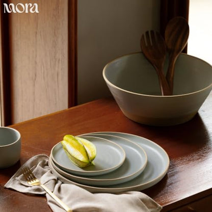 Mora Giant Salad Bowl Set with Wood Salad Servers, 4 qt Large Ceramic Serving Bowl for Salad, Pasta & Fruit, Microwave, Oven and Dishwasher Safe - Mist - color: Mist