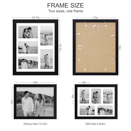 Hongkee 11x14 Picture Frame Set of 2, Black Wood Frame with Real Glass Collage Picture Frames, Display Pictures Five 4x6 With Mat or 11 x 14 Without Mat, Photo Frames Wall Gallery - color: Black, size: 11x14 in matted to 5-4x6