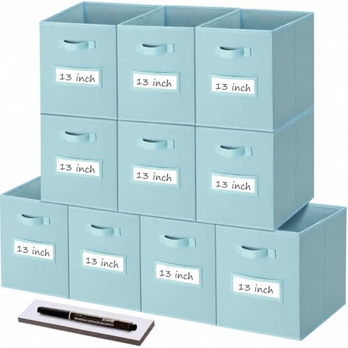 Storage Bins,13" Cube Storage Bin with Labels,10pcs,Sky Blue | Fabric Storage Cubes for Shelves,13 Inch storage cube bins with 10 Labels Window Cards & a Pen. - color: Sky Blue, size: 13"