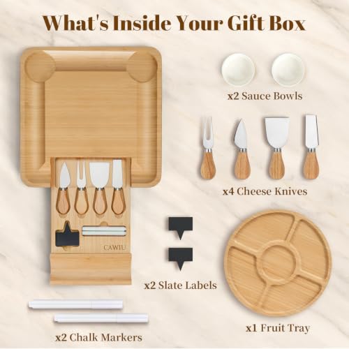 Bamboo Charcuterie Board Set with Lid, Drawer and Fruit Tray, Cream | Includes serving utensils for easy entertaining; a thoughtful gift for housewarmings, weddings, birthdays and bridal showers. - color: Cream