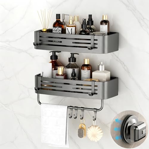 Shower Caddy Suction Cup 2 Pack, Square Shower Shelves, Gray | No Drilling, Aluminum Alloy Shower Organizer, Rustproof Bathroom Storage Rack with Towel Bar & Hooks - color: Gray(2 Pack), size: Square