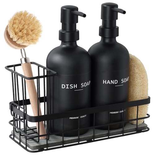 Dish Soap Dispenser for Kitchen, 16.9 fl oz Black Hand and Dish Soap Dispenser Set, Kitchen Soap Dispenser with Sponge Holder, Brush Holder and Loofah Sponge, Countertop Sink Organizer Accessories - color: Black