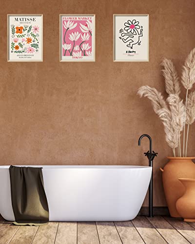 UPWOIGH Pink Floral Framed Wall Art, 12 x 16 Inch, Set of 3 | Matisse and Keith Haring Inspired Flower Prints, Pink Modern Art Designs, Light Wood Frames for Bedroom and Gallery Wall - color: Matisse Red Tokyo Flower MDF