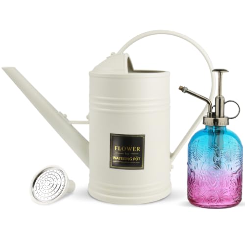 0.5 Gallon Small Watering Can for Outdoor Indoor Plants for House Plants, 12 oz Glass Plant Mister Spray Bottle for Bonsai Garden Flowers (White) - color: White