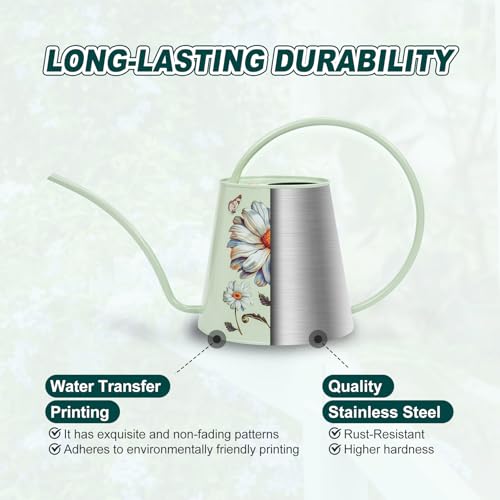 Berry&Bird 2L Long Spout Watering Can, Stainless Steel (Bellis Perennis) | 2L stainless steel watering can, long narrow spout, elegant print, curved handle, leakproof, houseplant watering & decor - color: Bellis Perennis