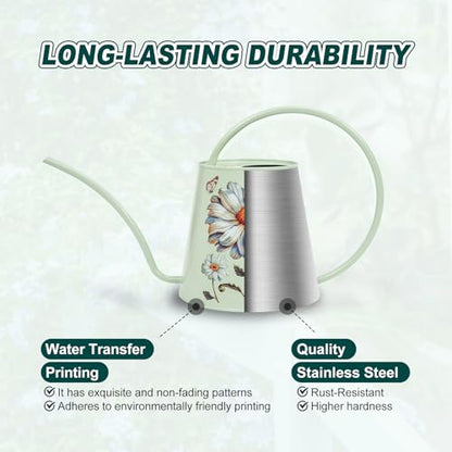 Berry&Bird 2L Long Spout Watering Can, Stainless Steel (Bellis Perennis) | 2L stainless steel watering can, long narrow spout, elegant print, curved handle, leakproof, houseplant watering & decor - color: Bellis Perennis