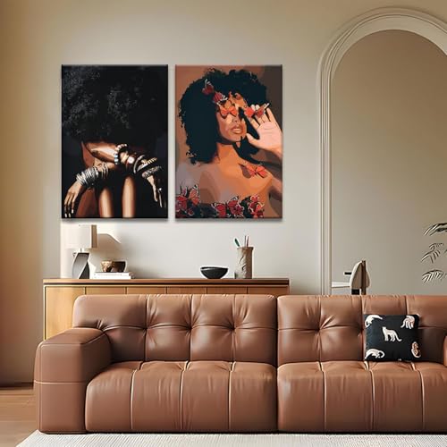 Framed Modern Abstract African American Women Wall Art (Set of 2), Canvas HD Print, Bohemian Black Girl with Energetic Butterfly Decor, Black Inspirational Contemplative Poster, Meditation Inspirational & Trendy Prints, Living Room, Bedroom, Bathroom, Off