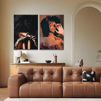 Framed Modern Abstract African American Women Wall Art (Set of 2), Canvas HD Print, Bohemian Black Girl with Energetic Butterfly Decor, Black Inspirational Contemplative Poster, Meditation Inspirational & Trendy Prints, Living Room, Bedroom, Bathroom, Off