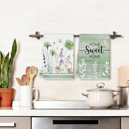 6 Pack Summer Floral Kitchen Towels Sets | Wildflower Hummingbirds Branches Hand Dish Towels for Kitchen Bathroom Home Supplies Housewarming Gift 16 - color: Green, style: Spring Nature