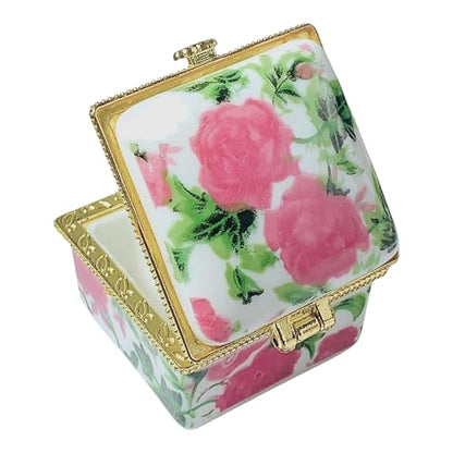 Tiny Square Porcelain Trinket Box | Pink Tea Roses | French Style Gift Box with Velvet Bag - style: Pink Tea Roses Square