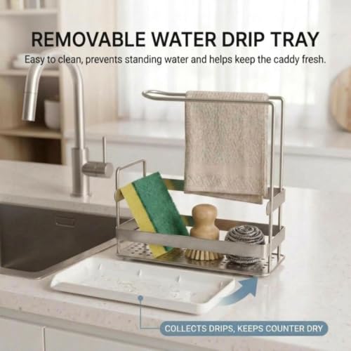 Kitchen Sink Caddy,Sponge Dish Brush Holder Brushed Nickel | Carbon Steel, Towel Rack & Removable Drain Tray, Sponge & Brush Organizer, Compact Sink Storage, Fits Standard Kitchen Sink
