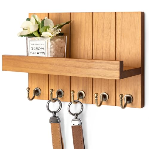 Rebee Vision Key Holder Wall Mount with Shelf for Living Room, Light Brown | 3.54" x 10" x 7.28", 5 Hooks, Key Holder for Wall, Mail Organizer, Floating Shelf, Apartment Essential, Rustic Decor Accent - color: Light Brown, size: 10 inches