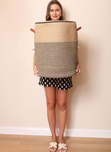 16"x20" Extra Large Cotton Rope Basket with Zipper Lid, Woven Laundry Hamper and Blanket Storage Basket, Round Clothes Bin for Living Room Bedroom, Jute & Black Mix - color: Jute/Black Mix