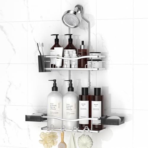 Rustproof Shower Caddy Hanging with Soap Holders for Bathroom, Silver | Shower Organizer with Multi Hooks Toothbrush Holder, No Drilling, Anti-Swing, Storage for Shampoo Conditioner Body Wash - color: Silver