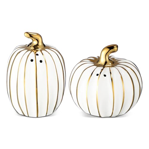 2 Pcs Fall Pumpkin Shaped Salt and Pepper Shakers 3 Inch Gold White Ceramic Salt and Pepper Shakers Set for Halloween Autumn Thanksgiving Harvest Home Table Kitchen Decorations - color: White and Gold, style: Fall Pumpkin