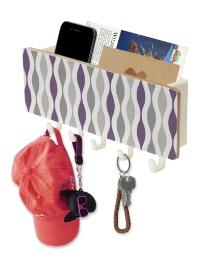 Key Holder for Wall Mid Century Abstract Art Key and Mail Holder with Shelf 5 Hooks Storage Key Organizer Rack Symmetrical Geometric Purple Grey Wood Wall Key Hanger for Entryway Hallway Home Decor - color: Purple, size: White