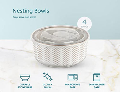 KooK Serving Bowls, with Lids, Ceramic Nesting Bowls, Set of 4, Embossed, Kitchen, Prep, Stackable, Gift, Microwave and Dishwasher Safe, 16/29/47/70 oz, Narbonne Collection (Ivory) - size: 70 Oz