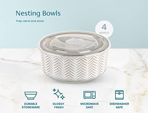 KooK Serving Bowls, with Lids, Ceramic Nesting Bowls, Set of 4, Embossed, Kitchen, Prep, Stackable, Gift, Microwave and Dishwasher Safe, 10/16/29/47 oz, Narbonne Collection (Ivory) - size: 47 Oz