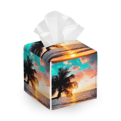 Sunset Beach Tissue Box Cover,Palm Tissue Box Holder Waterproof Leather Facial Paper Organizer Dispenser for Bathroom Home Car Nightstand Vanity - color: Sunset Beach Palm