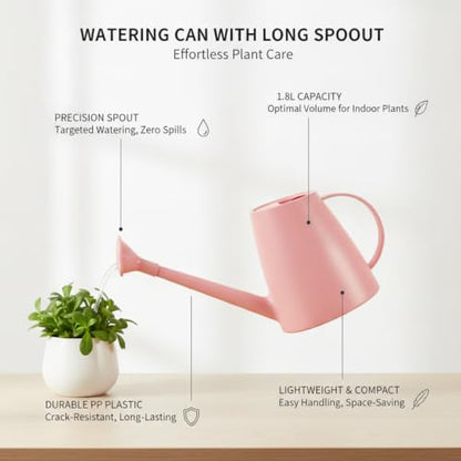 1.8L Long Spout Watering Can for Indoor Plants, Durable PP Plastic Pot Waterer with Precise Flow Control for Home Garden, Balcony & Windowsill - color: Pink