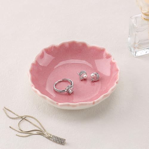 Ring Jewelry Dish Pastel Pink Ruffled Ceramic |Trinket Tray for Earrings, Necklaces|Mothers Day Birthday Friendship Gifts for Women|Vanity Organizer & Bathroom Decor - color: Pink