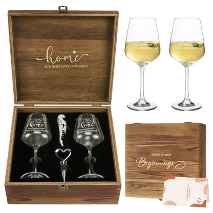 AW BRIDAL House Warming Gifts New Home Wine Glasses with Wood Keepsake Box | 2026 Closing Gift for Home Buyers and Homeowner, New Apartment Gift Basket for Couple, First House Present for Newlyweds - style: Housewarming