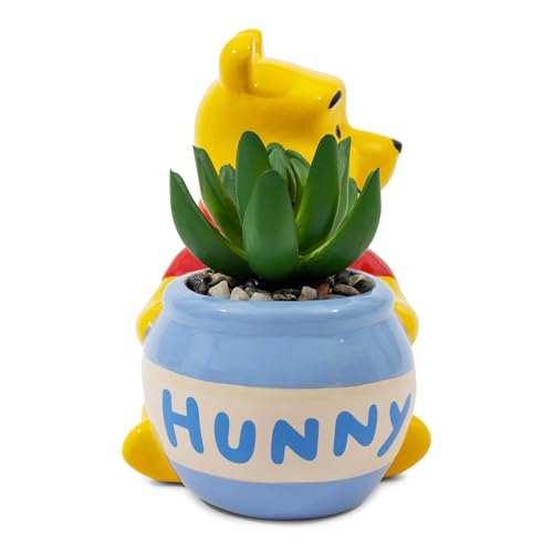 Silver Buffalo Disney Winnie the Pooh Hunny Pot 5-Inch Ceramic Mini Planter with Artificial Succulent | Cute Flower Pot, Faux Indoor Plants