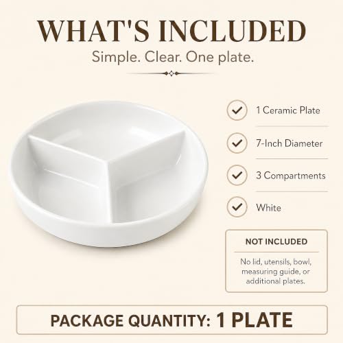 Portion Control Plate, 1 Count, 7-Inch Ceramic, White | 1 Plate with 3 Compartments for Small Meals, Microwave & Dishwasher Safe