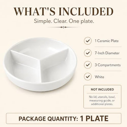 Portion Control Plate, 1 Count, 7-Inch Ceramic, White | 1 Plate with 3 Compartments for Small Meals, Microwave & Dishwasher Safe