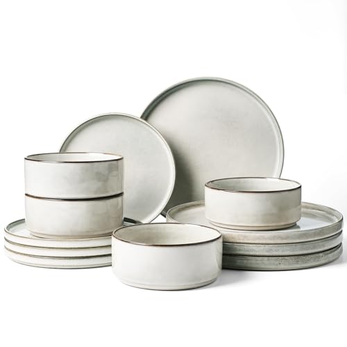 Famiware Annecy 12-Piece Stoneware Dinnerware Set, Grey White | Stoneware Plates and Bowls for 4, Handmade Reactive Glaze, Microwave & Dishwasher Safe, Chip & Scratch Resistant - color: Gray/White, size: Service for 4 (Standard Dinner Set)