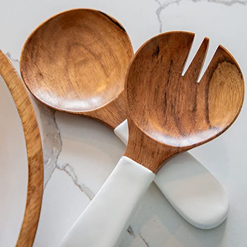 Wooden Salad Servers, Set of 2, Acacia Wood & White Enamel Tongs, Handcrafted Serving Utensils - color: White Enamel