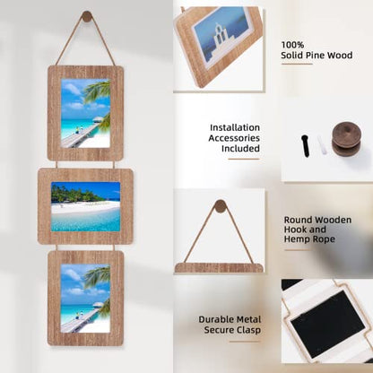 5x7 Collage Picture Frame, 3 Opening, Rustic Wood, Weathered Brown | Wall-Mounted Hanging Design, Displays 4x6 Photos with Mat or 5x7 Photos Without Mat, Three-Opening Layout - color: Weathered Brown, size: 3 Opening
