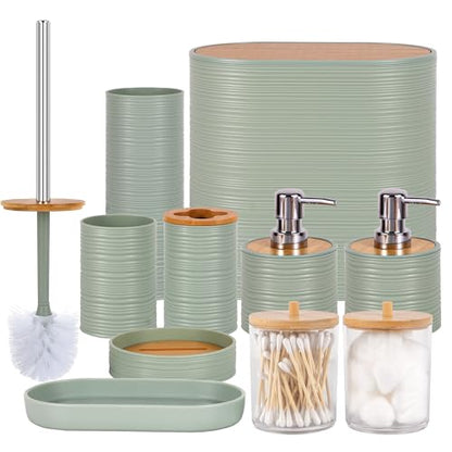 10 PCS Green Bathroom Accessories Set with Trash Can Bathroom Accessory | All-in-One Kit with Trash Can,Toothbrush Holder,Soap Dispenser,Toothbrush Cup,Vanity Tray,Soap Dish,Toilet Brush etc for Home - color: Lightgreen