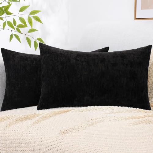 decorUhome Soft Chenille Black Throw Pillow Covers 12X20 Set of 2 | Decorative Fall Couch Pillow Covers Solid Dyed Accent Modern Farmhouse Neutral Rectangle Pillow Cases for Sofa - color: Black, size: 20" x 12" (Pack of 2)