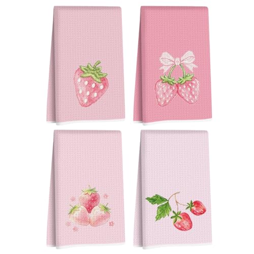 4 Pcs Strawberry Hand Towels, Pink Strawberries Reusable Dish Towels | Waffle Weave Hand Cloth Tea Towel for Kitchen Bathroom Decor, Strawberry Gifts for Women Friend 24x14 Inch - color: Multi 1715
