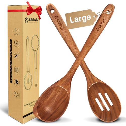 Large Wooden Cooking Spoon Set, 2Pack Natural Teak Wood Spoons for Cooking, Non-Stick Slotted and Corner Serving Spoon with Long Handle, Heat-Resistant Wooden Spatula Spoons for Kitchen Needs