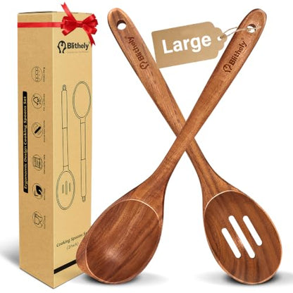 Large Wooden Cooking Spoon Set, 2Pack Natural Teak Wood Spoons for Cooking, Non-Stick Slotted and Corner Serving Spoon with Long Handle, Heat-Resistant Wooden Spatula Spoons for Kitchen Needs