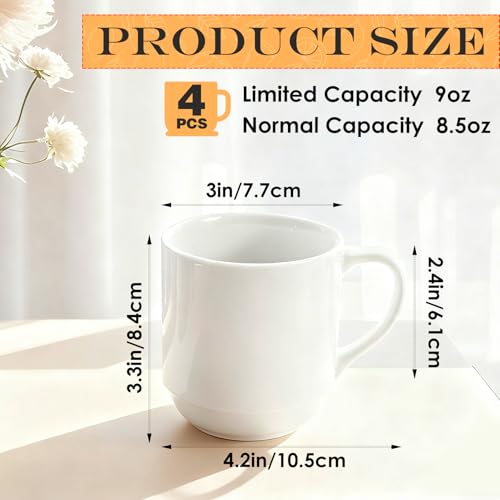 Coffee Mugs Set, 4 Pack, White, 8.5 Oz, Stackable | Ceramic Porcelain Coffee Cups, Dishwasher Microwave Safe, for Latte, Tea, Cappuccino, Cocoa, Espresso, Milk