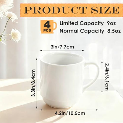 Coffee Mugs Set, 4 Pack, White, 8.5 Oz, Stackable | Ceramic Porcelain Coffee Cups, Dishwasher Microwave Safe, for Latte, Tea, Cappuccino, Cocoa, Espresso, Milk