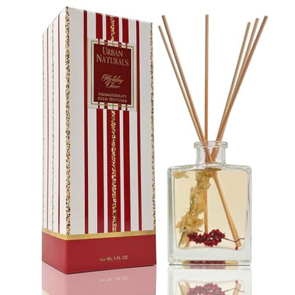 Reed Diffuser Set, Holiday Cheer - Bathroom Shelf Décor | Cranberry, Cinnamon, Evergreen, Cedar & Smokey Wood, Made with Essential Oils, Sleek Rectangular Refillable Glass Bottle - color: Holiday Cheer-clear