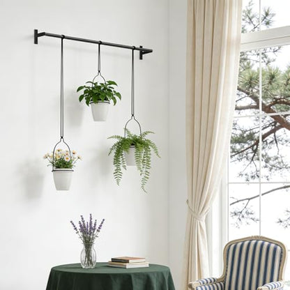 1 Adjustable-Width Hanging Plant Hanger Set Window Sill Hook-Mounted Plant Display Rack Set Indoor Herb Garden Plant Rack Includes 3 White Plant Pots Suitable for Windowsills, Ceilings, and Balconies