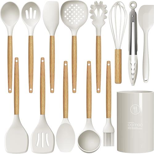 oannao Silicone Cooking Utensils Set - 446°F Heat Resistant Silicone Kitchen Utensils for Cooking,Kitchen Utensil Spatula Set w Wooden Handles for Non-Stick Cookware, BPA FREE (Cream White) - color: Cream White